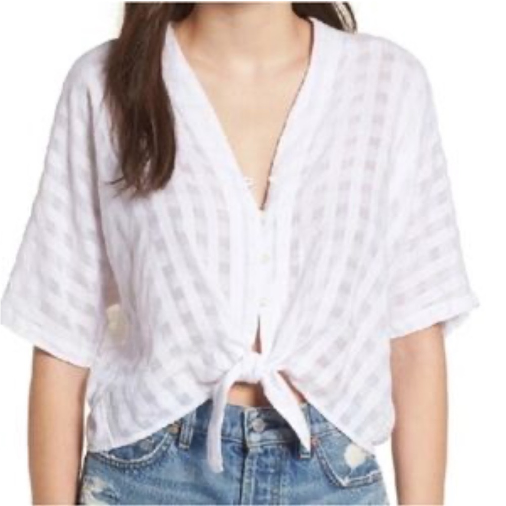 Rails White and Gray Tie Front Blouse Short Sleeve